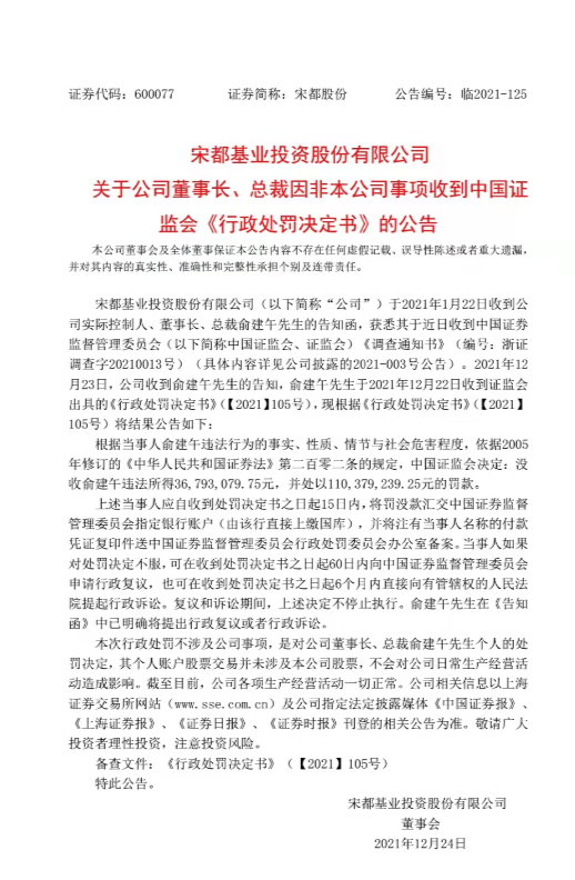 突發(fā)！宋都股份實(shí)控人因內(nèi)幕交易被罰1.1億元 公司回應(yīng)：股票交易與公司無(wú)關(guān)